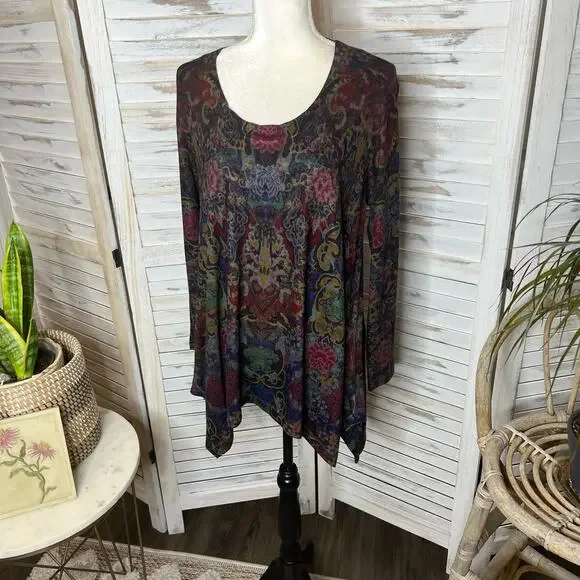 SOFT SURROUNDINGS Women's Pet L Poppy Feild Printed Dark Floral Tunic Top - Picture 6 of 16